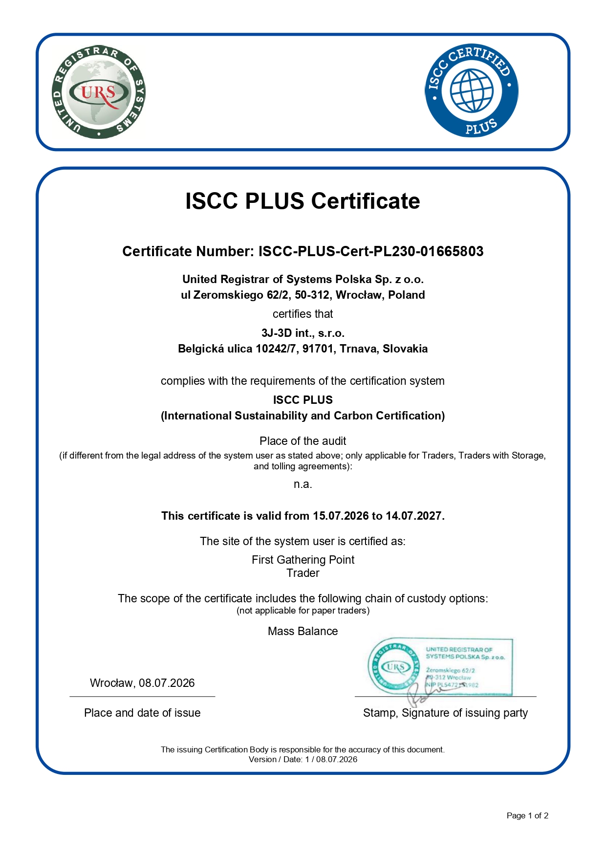 ISCC PLUS certificate, 3J-3D s.r.o., 15.07.2026_pages-to-jpg-0001 ISCC PLUS certificate, 3J-3D s.r.o., 15.07.2026_pages-to-jpg-0001